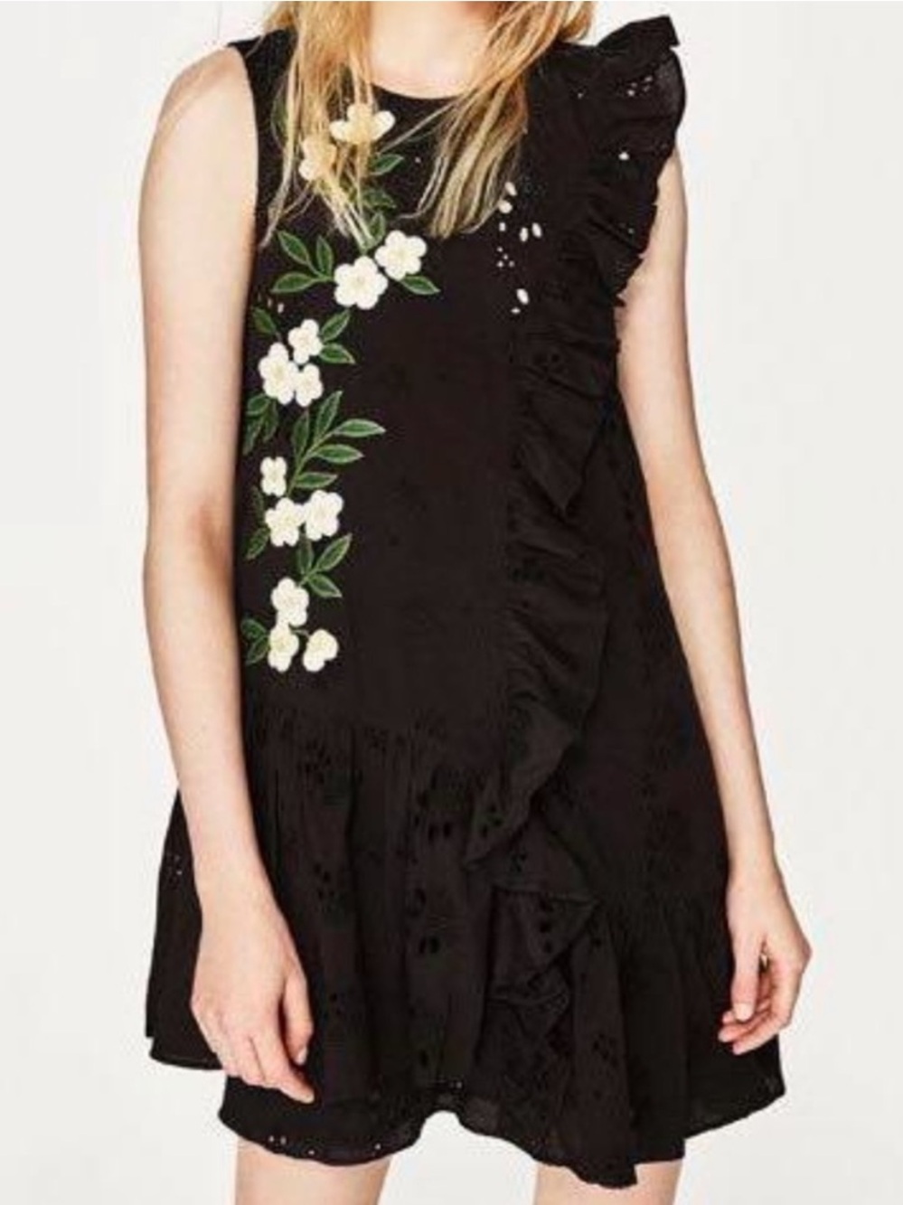 Zara Black Eyelet Floral Ruffle Dress with Embroidered Accents
